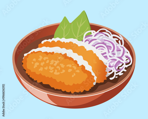 Sliced fried meat cutlets with cabbage salad and noodles in a vibrant orange bowl for a healthy lunch - Vector Illustration