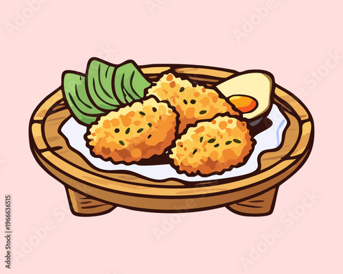 Platter of deep fried crispy fish cakes with greens and lemon for a traditional seafood appetizer dish - Vector Illustration