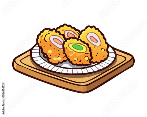 Wooden board with fried meat snacks and dipping sauce for a gourmet appetizer or party food platter - Vector Illustration