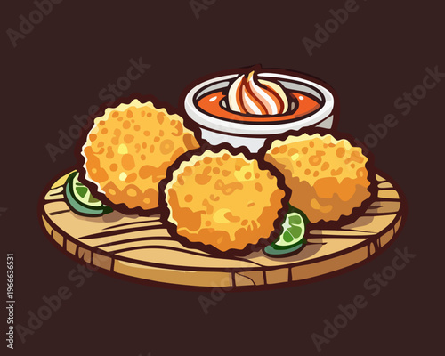 Round platter of fried snacks with dipping sauce in the center for sharing at a social gathering - Vector Illustration