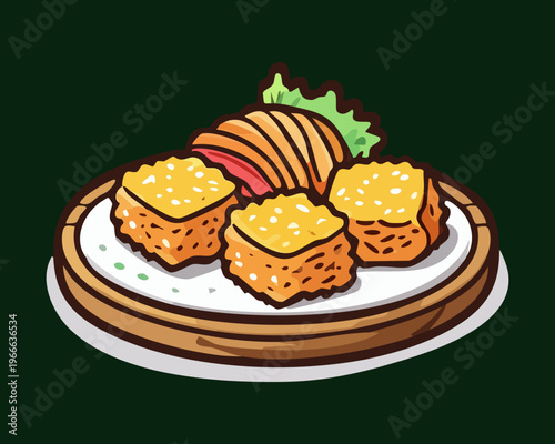 Sliced fried meat or fish nuggets on a wooden platter for a rustic and delicious appetizer choice - Vector Illustration