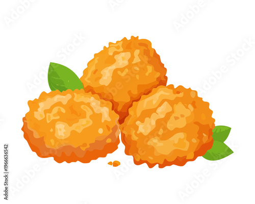Three large crispy fried snacks with herb garnish for a hearty and satisfying appetizer or snack portion - Vector Illustration