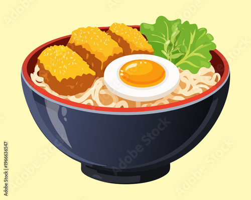 Rice bowl topped with crispy fried katsu and a soft boiled egg for a delicious Japanese meal - Vector Illustration