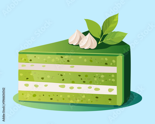 Slice of matcha green tea cake with creamy layers for a delicious and trendy Japanese dessert option - Vector Illustration