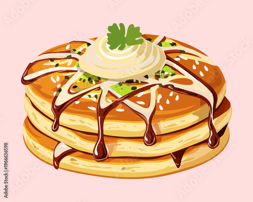 Stack of fluffy pancakes topped with whipped cream and syrup for a delicious and classic breakfast treat - Vector Illustration