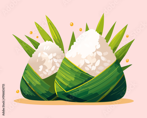Onigiri rice balls with green leaf garnish served as a traditional and simple Asian snack or meal - Vector Illustration