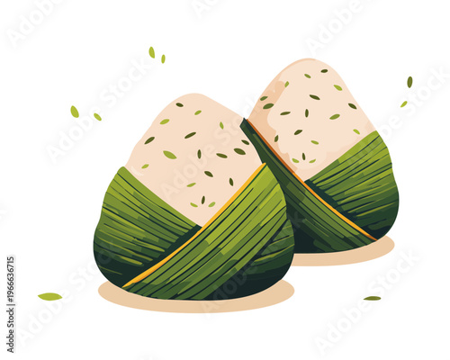 Pair of triangular rice balls with bamboo leaf wrap for a classic Japanese bento box snack - Vector Illustration