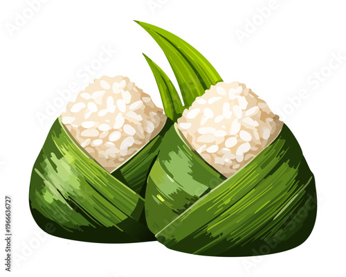 Traditional Japanese onigiri rice balls wrapped in bamboo leaves for a healthy and natural snack option - Vector Illustration