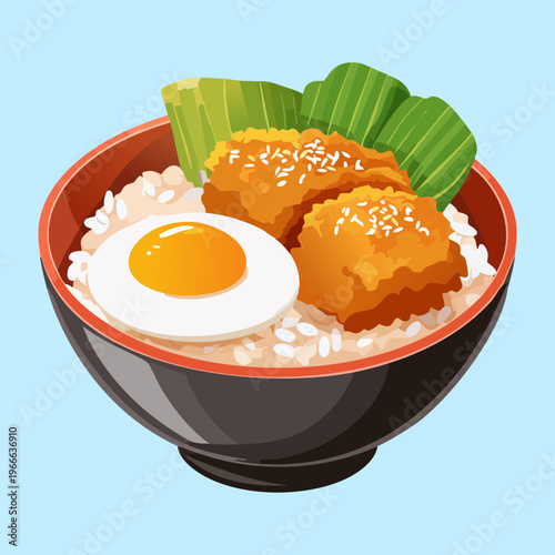 Rice bowl topped with fried cutlet and a sunny side up egg for a satisfying meal - Vector Illustration