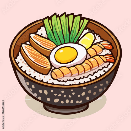 Rice bowl with fried cutlet and vegetables for a traditional and delicious Japanese lunch experience - Vector Illustration