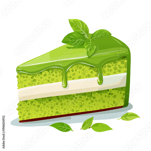 decadent slice of green tea cake with frosting and mint garnish for a sweet treat - Vector Illustration