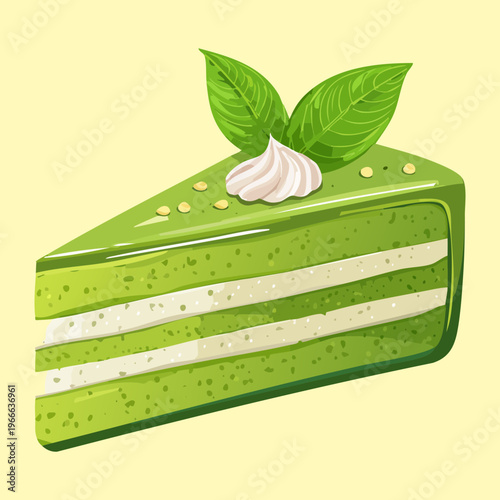 Multi layered matcha green tea cake slice with creamy filling for a gourmet dessert menu - Vector Illustration