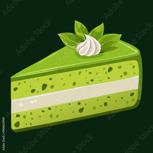 Sliced matcha green tea cake with creamy layers for a trendy and delicious Japanese dessert - Vector Illustration