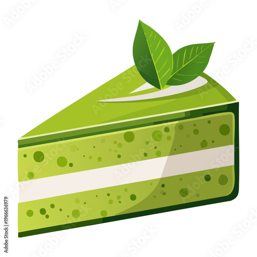 Elegant slice of green tea matcha cake with cream and herb garnish for dessert presentation - Vector Illustration