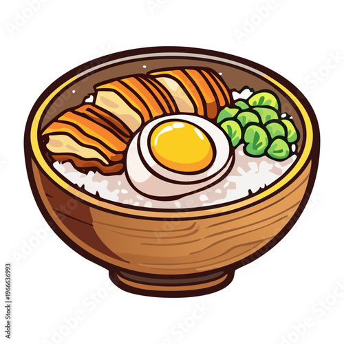 Hearty rice bowl with sliced meat and a soft boiled egg for a satisfying dinner meal - Vector Illustration