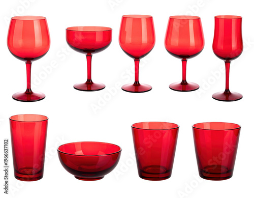 Collection of red glass drinkware and a bowl