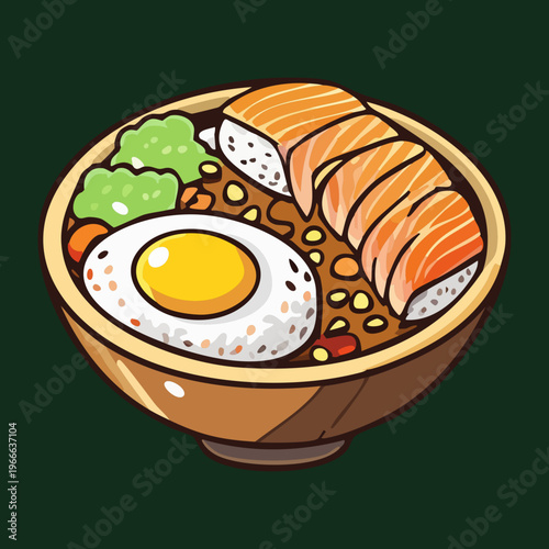 Hearty bowl of noodles with sliced salmon and eggs for a satisfying and healthy dinner - Vector Illustration