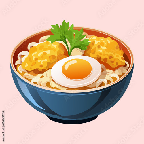 Warm bowl of noodles with meat and eggs for a comforting and delicious lunch meal - Vector Illustration