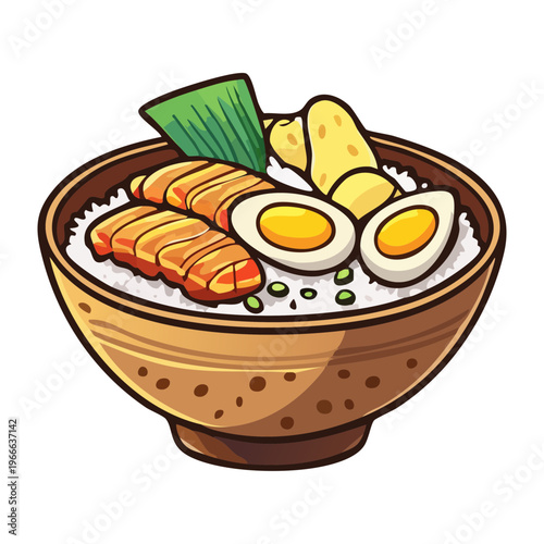 Asian noodle bowl with sliced meat and eggs for a flavorful and filling meal option - Vector Illustration