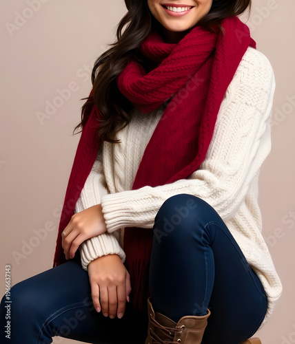 Red knitted scarf and white knitted sweater