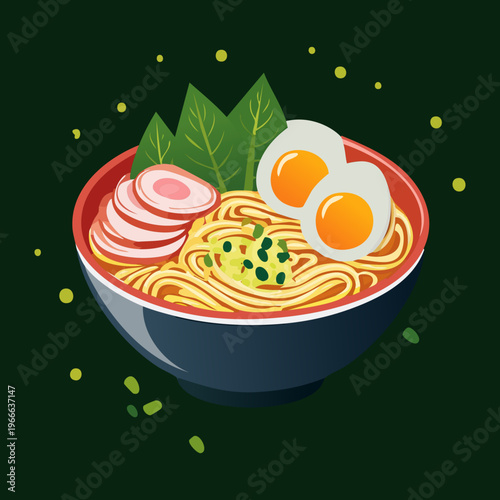 Warm ramen noodle soup with meat and eggs for a traditional and flavorful meal experience - Vector Illustration