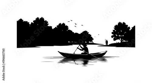 Silhouette of Person Rowing a Boat in Nature