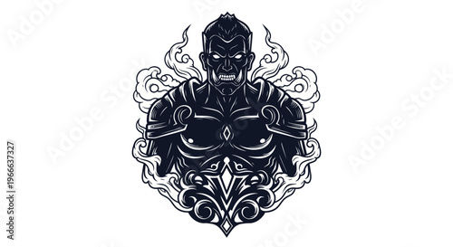 Bold silhouette of a warrior with ornamental elements on white background
