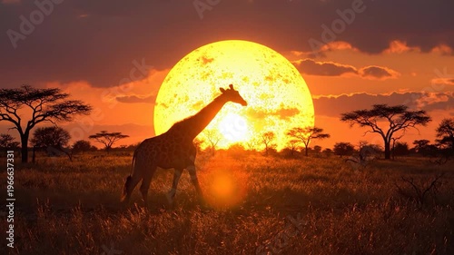 A solitary giraffe walks across a grassy savanna during a vibrant sunset with a large, glowing sun