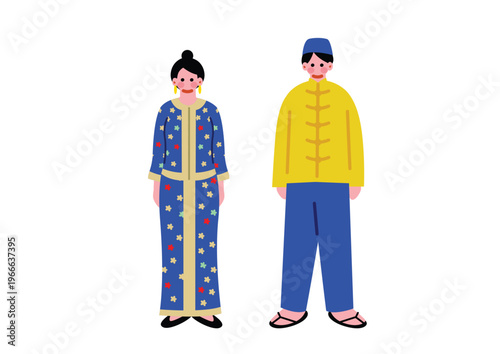 シンガポールの伝統的な民族衣装を着た男女もイラスト
