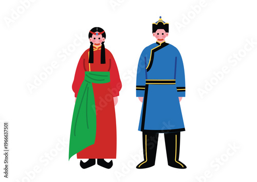 モンゴルの伝統的な民族衣装を着た男女のイラスト
