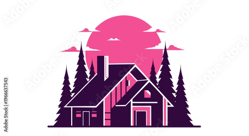 Cabin silhouette against a purple sunset with evergreen trees illustration