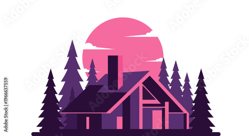Cabin silhouette against pink sunset with evergreen trees nature illustration