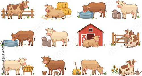 Farm Animals Vector Set with Cows, Barn, Milk, Hay, and Rural Farming Elements for Agriculture Illustration, Livestock Design, and Countryside Collection