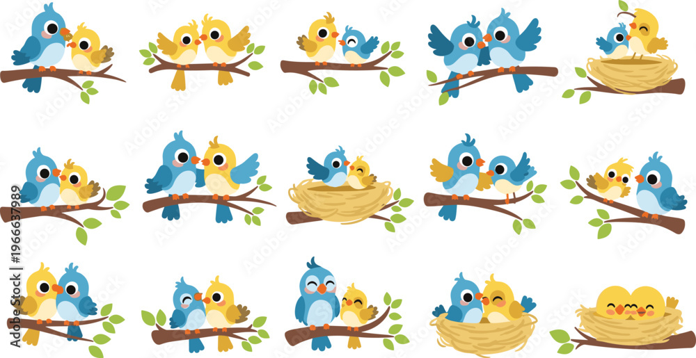 Obraz premium Cute Cartoon Birds Family Set with Parents and Chicks Sitting on Branches and Nests for Kids Illustration, Nature Scene, and Wildlife Vector Collection
