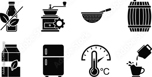 Professional Food Processing and Kitchen Equipment Vector Silhouette Set Featuring Dairy Production, Coffee Grinding, Storage Barrels, and Temperature Control (20 words)