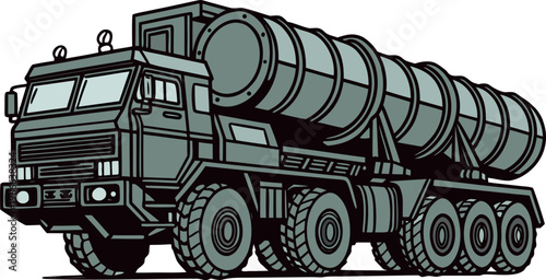 Military transport truck with missile launcher system in camouflage design isolated on transparent background.