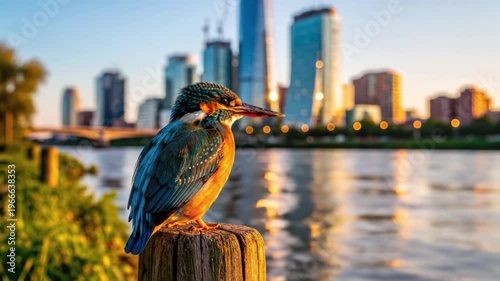 Kingfisher Bird on Post with City Skyline in the Background