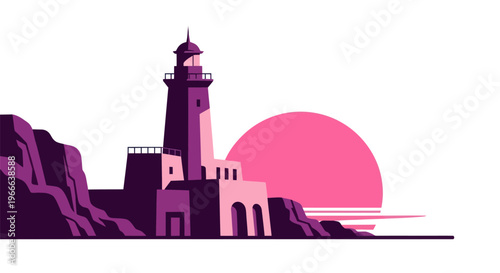 Coastal lighthouse illustration against sunset navigation and guidance theme
