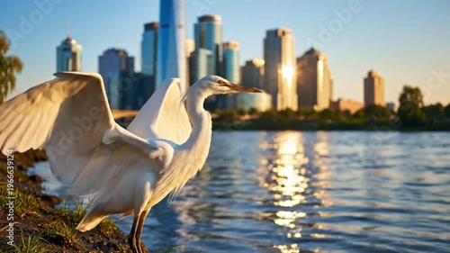 White Heron by the River with City Skyline in the Background