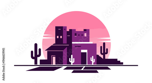 Desert adobe buildings with cacti under a pink sunset silhouette vector