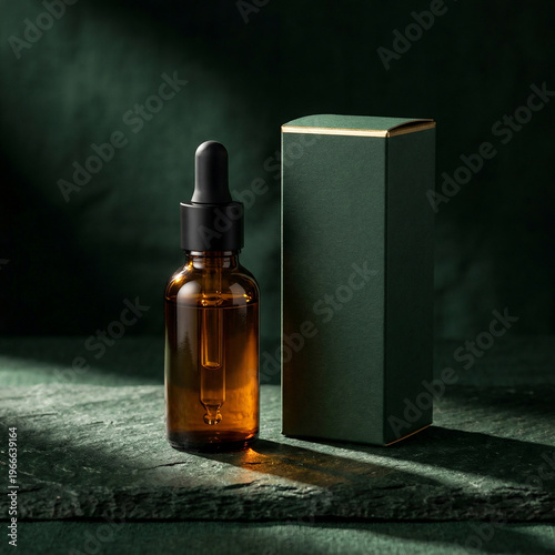 Luxury amber glass dropper bottle mockup with premium cosmetic packaging box, dramatic lighting skincare product