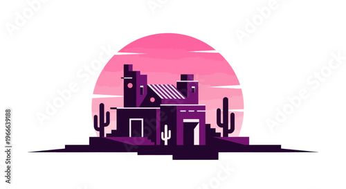 Desert adobe house silhouette with cacti and purple sunset illustration