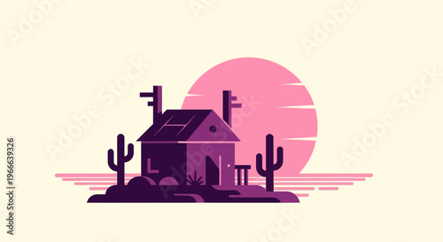Desert scene illustration with a cabin cactus plants and a large sun graphic