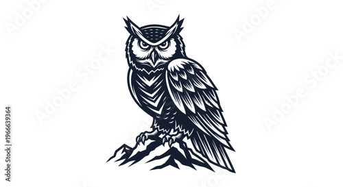 Detailed black and white illustration of an owl perched on a rocky mountain
