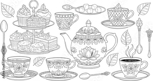 Detailed black-and-white line drawing of elegant tea party setup with ornate teapot, teacups, pastries, floral motifs, and decorative elements