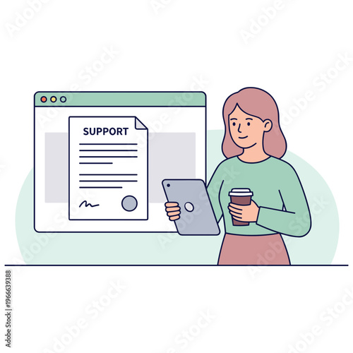 Woman holds tablet and coffee cup while viewing support webpage on computer