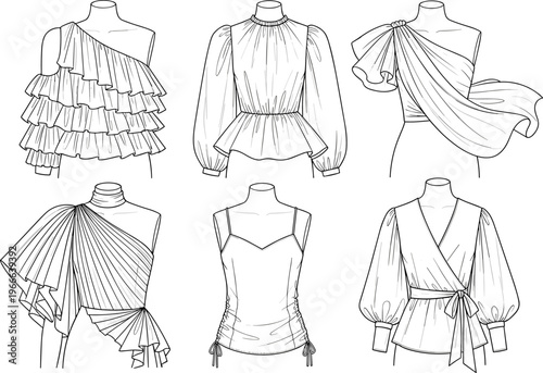 Fashion design sketches of six women’s tops including one‑shoulder, peplum, draped, ruched, camisole, and wrap blouse styles in line art