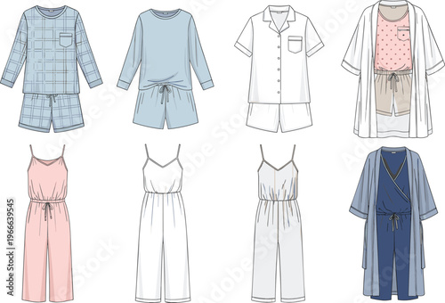 Technical fashion flat sketch collection of women's loungewear and sleepwear including pajama sets, rompers, jumpsuits, and robes with cardigans, vector illustration set