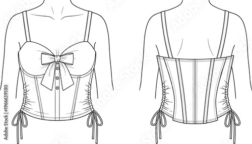 Technical fashion flat sketch of a corset top with thin straps, bow detail, button front, side ruching, and drawstring ties.