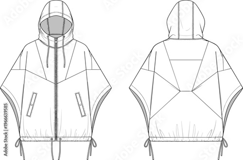 Technical fashion flat sketch of a hooded poncho with zipper closure, pockets, and drawstring hem, geometric design, front and back vector view.